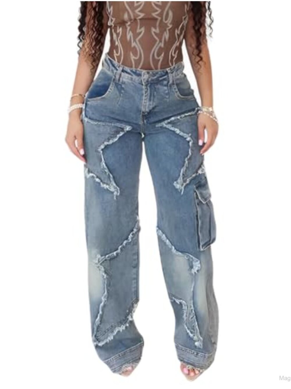 High Waist Baggy Ripped Denim Jeans with Star Tassel Frayed Details Y2K